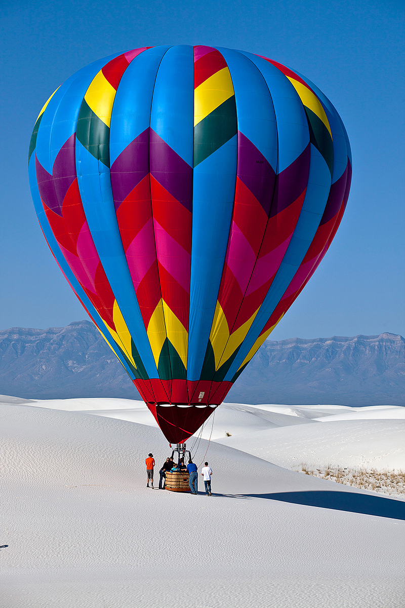 The Perfect Picture: Balloon on Glistening White Sands Dunes in Front of a Clear Mountain Range - From the 21st White Sands Hot Air Balloon Invitational - September 15-16, 2012 - Kevin Pfister
